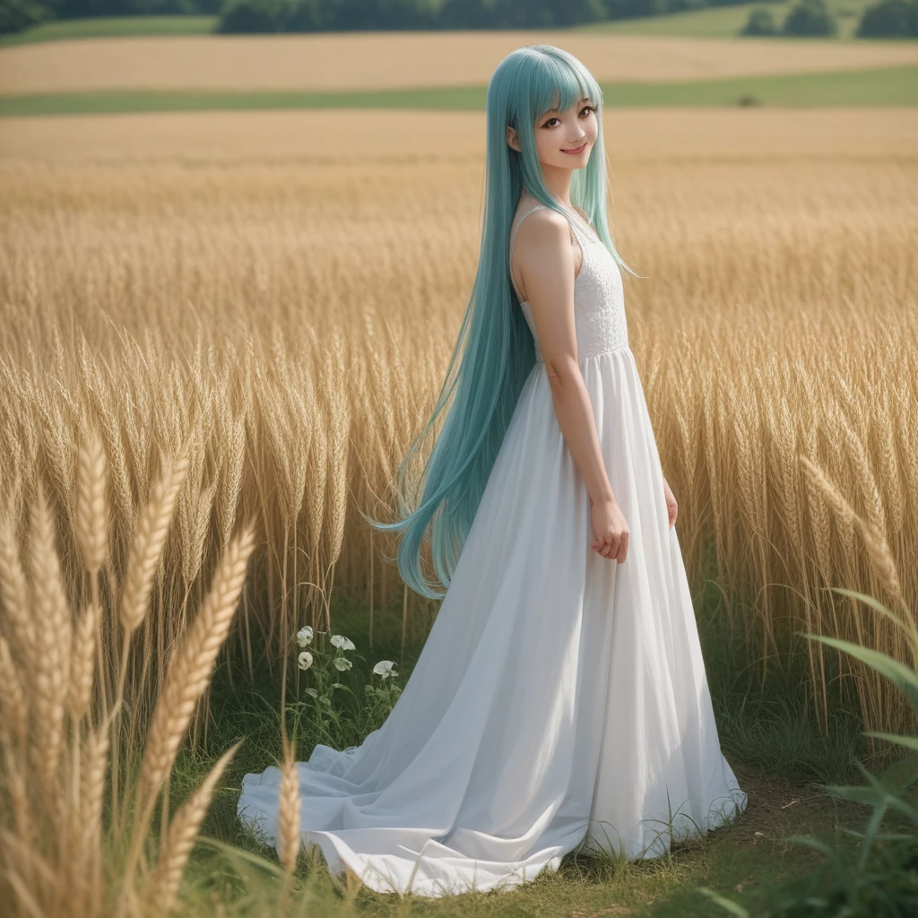 masterpiece, best quality, ultra highres, detailed illustration, portrait, detailed, 1girl standing in wheat field, solo, long hair, dress, flower, white hanfu, smile, full body, white flower, bare shoulders, very long hair, aqua hair, closed mouth, facing viewer, bangs,