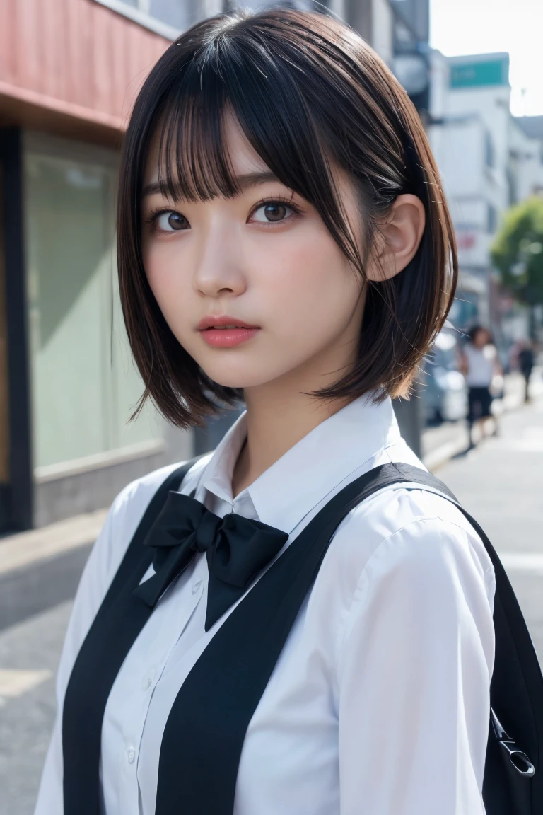 ((Highest quality、8k、masterpiece:1.3))、Beautiful woman、One Girl、(Cute baby turtle)、Slim Abs:1.1、White Button Down Blouse、((short hair))、Detailed facial features、Highly detailed lips、Detailed eyes、double eyelid、(Neat bangs.1.3)、Dark brown hair、Large Eyes、Seductive lips、The corners of the mouth turn up、black eye、street、cute asian face, Beautiful Japanese girl face, Short fine hair,With bangs,, Shirahime cut hairstyle、Narrow eyes、(A grown-up 30-year-old)、