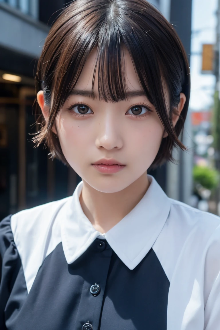 ((Highest quality、8k、masterpiece:1.3))、Beautiful woman、One Girl、(Cute baby turtle)、Slim Abs:1.1、White Button Down Blouse、((short hair))、Detailed facial features、Highly detailed lips、Detailed eyes、double eyelid、(Neat bangs.1.3)、Dark brown hair、Large Eyes、Seductive lips、The corners of the mouth turn up、black eye、street、cute asian face, Beautiful Japanese girl face, Short fine hair,With bangs,, Shirahime cut hairstyle、Narrow eyes、(A grown-up 30-year-old)、