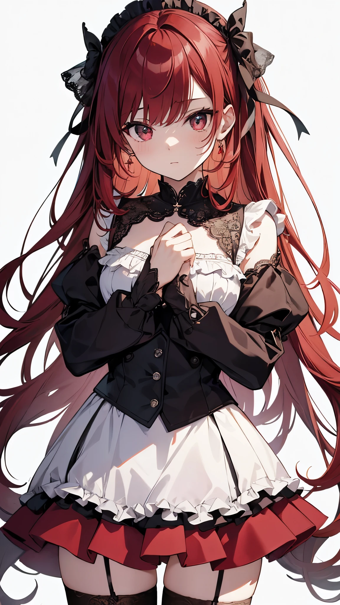 ((masterpiece: 1.4, 最high quality))+,(Super detailed)+, Official Art, unity 8k wallpaper, Super detaileded, beautiful, high quality, beautiful, masterpiece, 最high quality, (Flat Chest), whole body, Character portrait, White Background, Red Straight Hair, White Theme, Red Jewelry, stud, Black lace flats, Asymmetrical Skirt, Lots of lace
