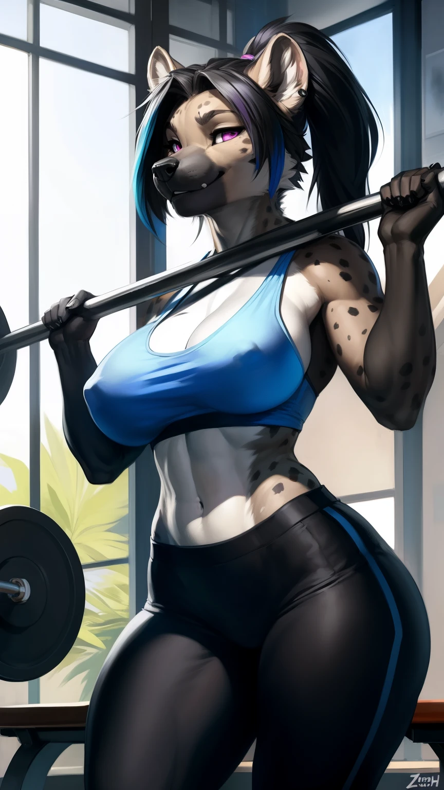 (anthro)) hyena, Ross Tran, by ruan jia, by zaush, by foxovh, by cutesexyrobutts, by cervina_7, by sligarthetiger, Best Quality, masterpiece,, Illustration, Wallpaper,1girl in, Solo, black hair,ponytail hair, hair black with highlights blue, dot piercings 3 in 2 row down her snoot, purple/pink eyes, Beautiful detailed girl, extremely detailed eye and face, black dragon tattoo on her arm, Beautiful detailed eyes, natural_Lighting, Looking at Viewer, Thick_thighs, big ass, tall, hourglass figure, female, cute, wearing gym cloths, in gym, bench pressing, weigh lifting, view from top to bottom , large breasts, natural breasts, tail, tall, happy expresion, wide hips thin waist, 8k