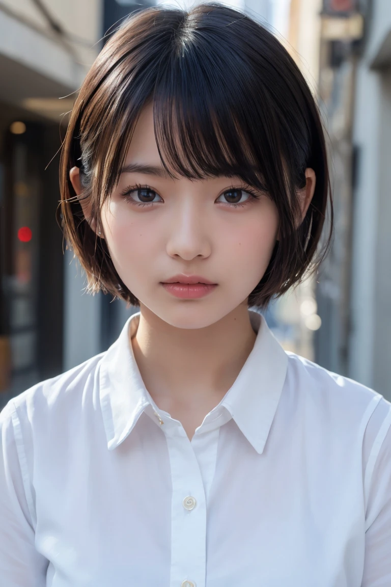 ((Highest quality、8k、masterpiece:1.3))、Beautiful woman、One Girl、(Cute baby turtle)、Slim Abs:1.1、White Button Down Blouse、((short hair))、Detailed facial features、Highly detailed lips、Detailed eyes、double eyelid、(Neat bangs.1.3)、Dark brown hair、Large Eyes、Seductive lips、The corners of the mouth turn up、black eye、street、cute asian face, Beautiful Japanese girl face, Short fine hair,With bangs,, Shirahime cut hairstyle、Narrow eyes、(A grown-up 30-year-old)、