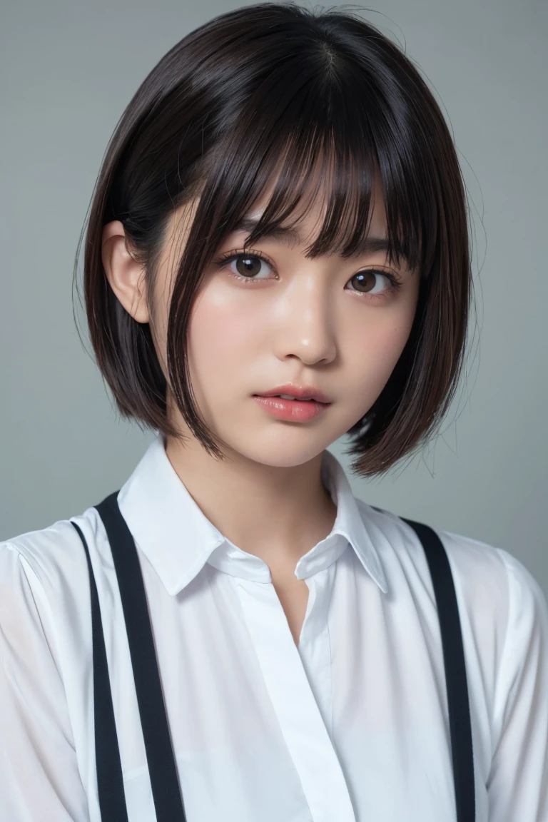 ((Highest quality、8k、masterpiece:1.3))、Beautiful woman、One Girl、(Cute baby turtle)、Slim Abs:1.1、White Button Down Blouse、((short hair))、Detailed facial features、Highly detailed lips、Detailed eyes、double eyelid、(Neat bangs.1.3)、Dark brown hair、Large Eyes、Seductive lips、The corners of the mouth turn up、black eye、street、cute asian face, Beautiful Japanese girl face, Short fine hair,With bangs,, Shirahime cut hairstyle、Narrow eyes、(A grown-up 30-year-old)、