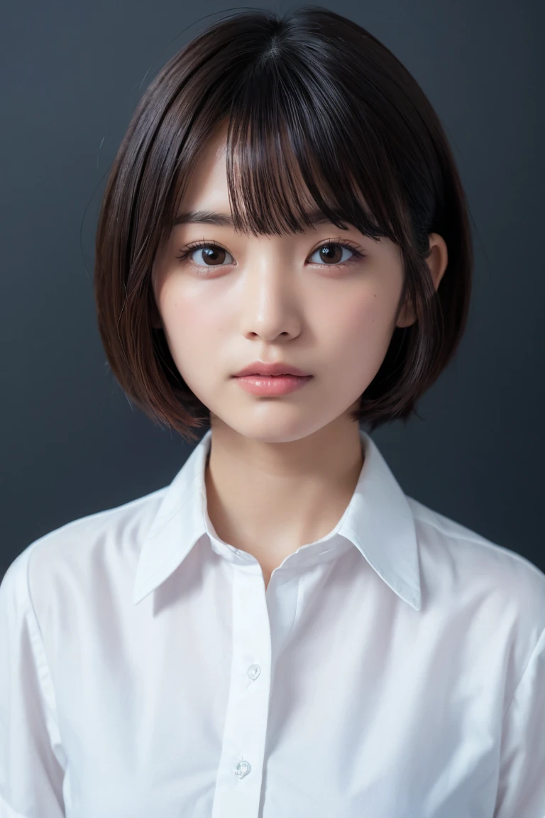 ((Highest quality、8k、masterpiece:1.3))、Beautiful woman、One Girl、(Cute baby turtle)、Slim Abs:1.1、White Button Down Blouse、((short hair))、Detailed facial features、Highly detailed lips、Detailed eyes、double eyelid、(Neat bangs.1.3)、Dark brown hair、Large Eyes、Seductive lips、The corners of the mouth turn up、black eye、street、cute asian face, Beautiful Japanese girl face, Short fine hair，With bangs,, Shirahime cut hairstyle、Narrow eyes、(A grown-up 30-year-old)、