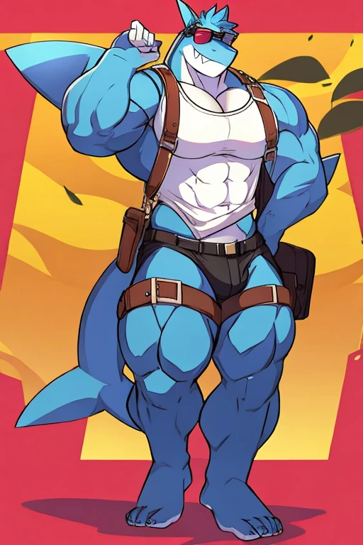 muscular shark, pollen, Sunglasses, white shirt with straps