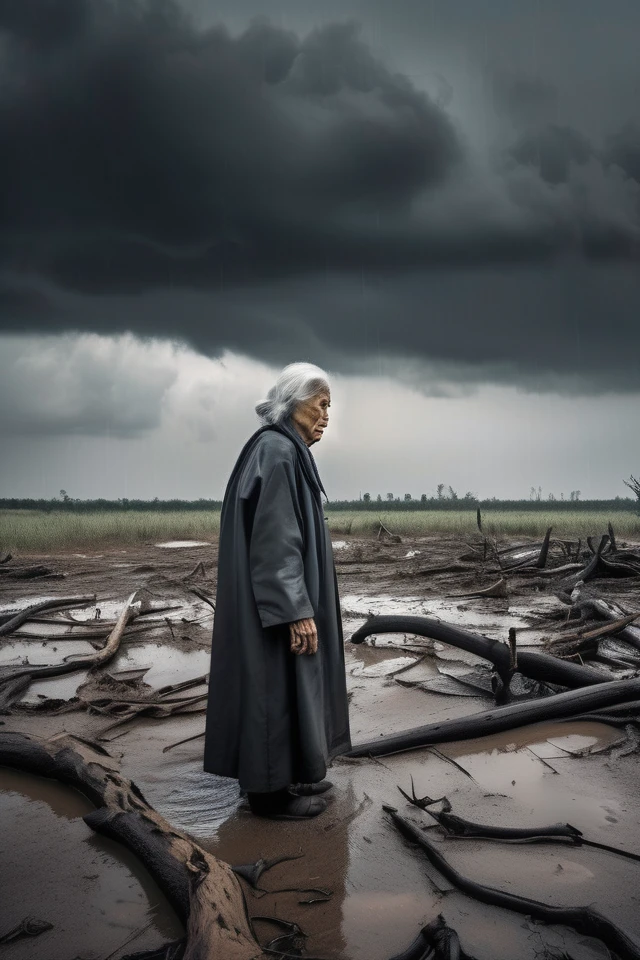 "Create an image of a vast, devastated landscape caused by a massive landfall. The ground should be uneven, with large cracks, fallen trees, and scattered debris. The sky is overcast, with dark, heavy clouds adding to the somber mood. In the foreground, depict an old woman crying. She should have gray hair and be wearing tattered clothes. Her expression should convey deep sorrow, with tears streaming down her face. The overall atmosphere of the image should be bleak and heart-wrenching, capturing the aftermath of a catastrophic event."