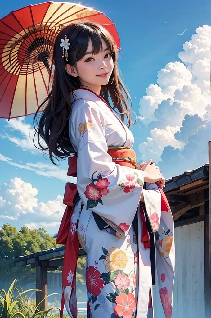 A beautiful woman in a kimono greets the morning with a smile against the backdrop of summer cumulonimbus clouds