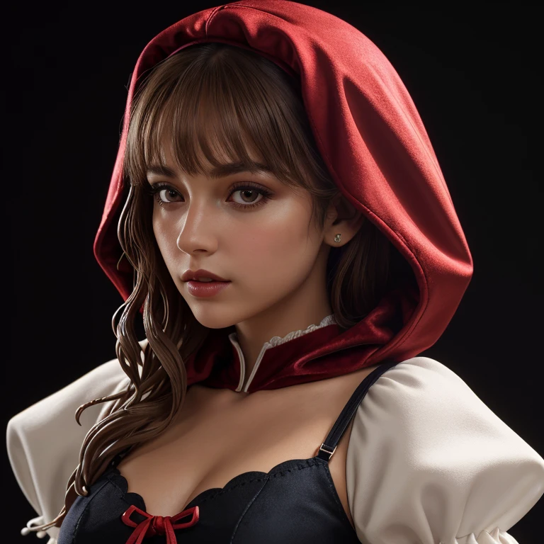 ((extreme detail)),(ultra-detailed), extremely detailed CG unity 8k wallpaper, velvet, figurine, red hood, crop top, star headdress, puffy sleeves, lips, looking away, close-up, head turn, black background