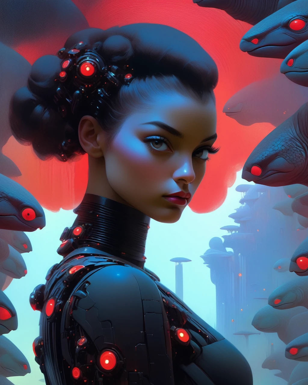 1 girl, cyborg, dark fantasy, mechanical arms with red turtle neck, highly detailed shadowy hands, dramatic lighting, Tom Bagshaw style, Roger Dean style, cinematic, concept art, digital painting, photorealistic, 8k, best quality, ultra-detailed, extremely detailed, masterpiece, (hyper-realistic:1.4), (photorealistic:1.4), (intricate details:1.3), cinematic lighting, moody atmosphere, stunning colors, vibrant colors, (mystical:1.2), ethereal, otherworldly, surreal, visionary art
