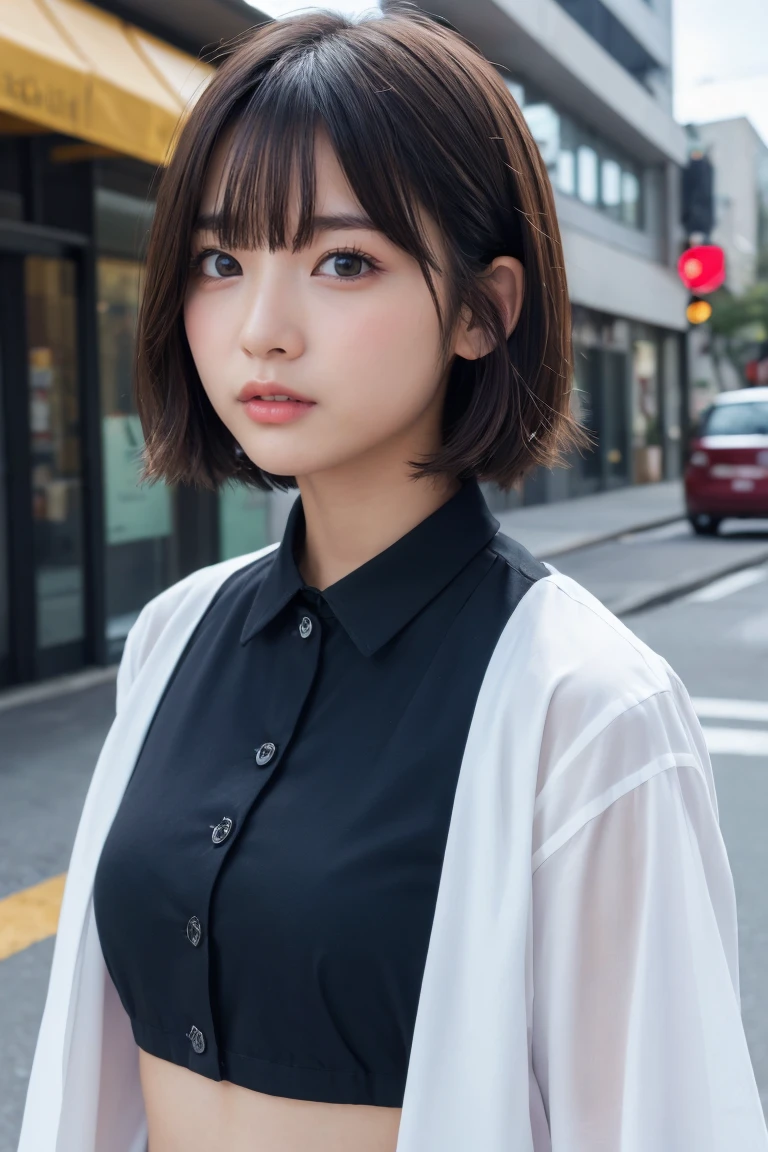 ((Highest quality、8k、masterpiece:1.3))、Beautiful woman、One Girl、(Cute baby turtle)、Slim Abs:1.1、White Button Down Blouse、((short hair))、Detailed facial features、Highly detailed lips、Detailed eyes、double eyelid、(Neat bangs.1.3)、Dark brown hair、Large Eyes、Seductive lips、The corners of the mouth turn up、black eye、street、cute asian face, Beautiful Japanese girl face, Short fine hair，With bangs,, Shirahime cut hairstyle、Narrow eyes、(A grown-up 30-year-old)、