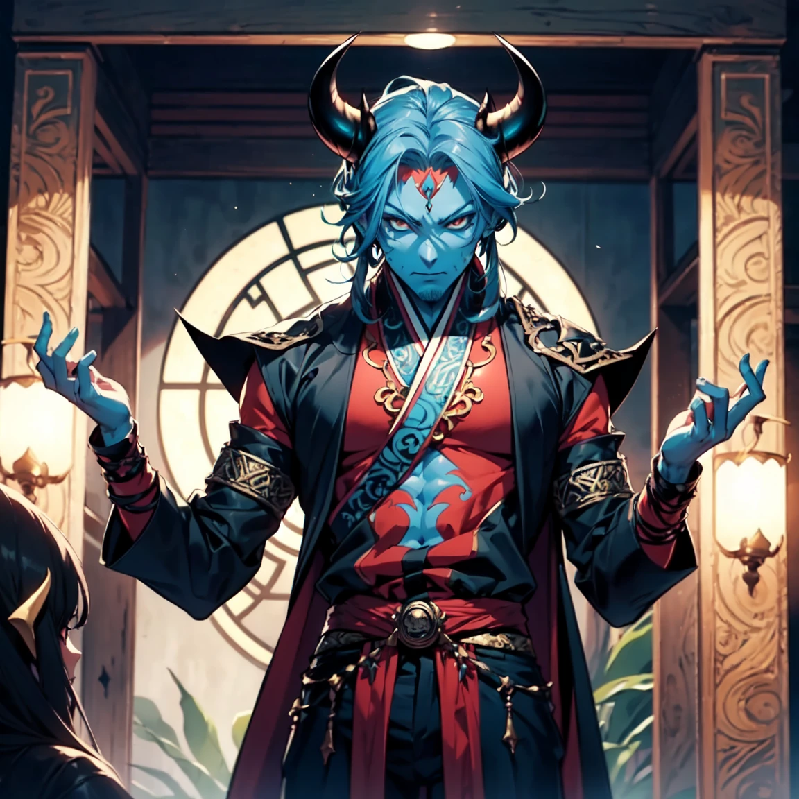 1 man demon with blue skin with demon horns, The bottom, (perfect human eyes) work of art, best qualityer, (costume covering the entire body, oriental rpg world style), (clothing covering the entire body) pants. (full viwer)