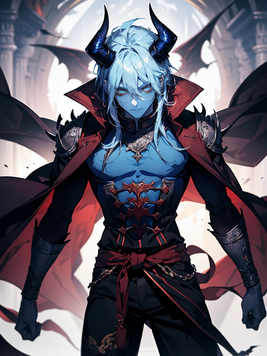 1 man demon with blue skin with demon horns, The bottom, (perfect human eyes) work of art, best qualityer, (costume covering the entire body, oriental rpg world style), (clothing covering the entire body) pants. (full viwer)