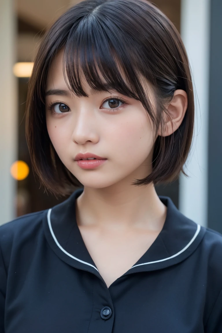 ((Highest quality、8k、masterpiece:1.3))、Beautiful woman、One Girl、(Cute baby turtle)、Slim Abs:1.1、White Button Down Blouse、((short hair))、Detailed facial features、Highly detailed lips、Detailed eyes、double eyelid、(Neat bangs.1.3)、Dark brown hair、Large Eyes、Seductive lips、The corners of the mouth turn up、black eye、street、cute asian face, Beautiful Japanese girl face, Short fine hair,With bangs,, Shirahime cut hairstyle、Narrow eyes、(A grown-up 30-year-old)、