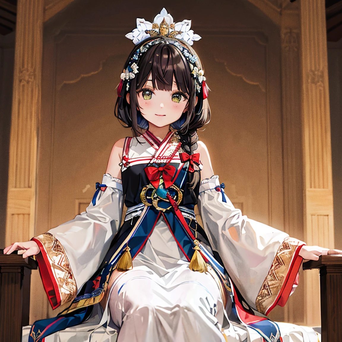 masterpiece, Highest quality, High resolution, User interface 1, One girl, (, Shigure Ui(9 talents)), alone, Hair Ring, Green Eyes, pom pom hair accessories, (White satin children's panties:1.4),(Unbutton one's jacket, Open the front of your jacket) , White knee socks, Braiding, beret, Cowboy Shot, Sit on the stairs、Browsing Caution:1.5、(Bend your knees,Spread your legs wide),Inside the room,smile,Roll up the hem of your miniskirt, Showing panties, (Nipples, Pussy)