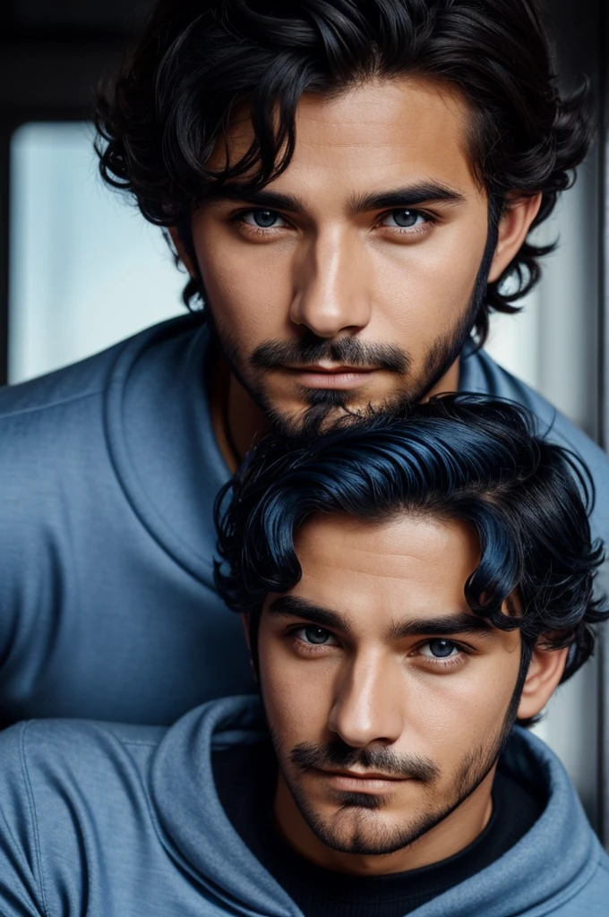 Jester **felix:** Light blue uniform with black sweater. Dark blue fluffy hair. Brown eyes. He's got a handsome face.
Mask is that of a sad man with big pupp