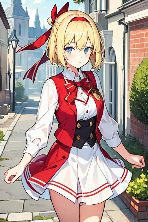 women, semi short blonde hair, red headband, blue eyes, White shirt, Red Waistcoat, white and red skirt