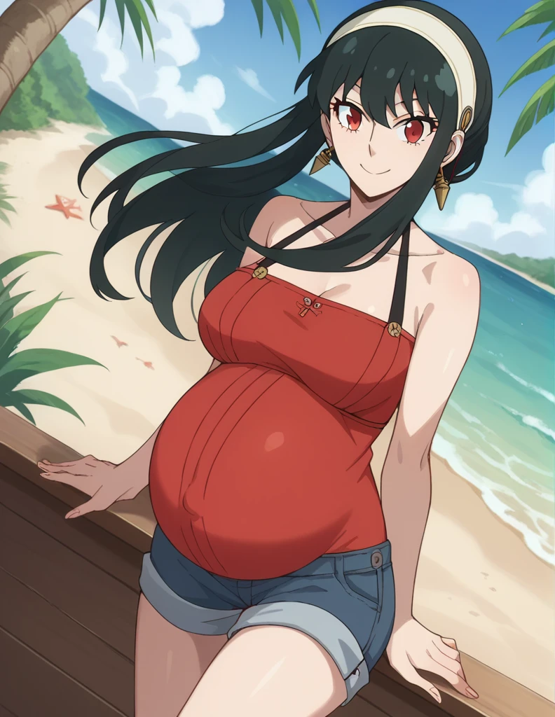 score_9, score_8_up, score_7_up, source_anime,
yorbriar, yor briar, black hair, red eyes, earrings, white hairband, hairband, long hair, sidelocks,
bare shoulders, red bikini, shorts, thighs,
Beach, smile,
looking at viewer, dutch angle, cowboy shot, pregnant, huge belly