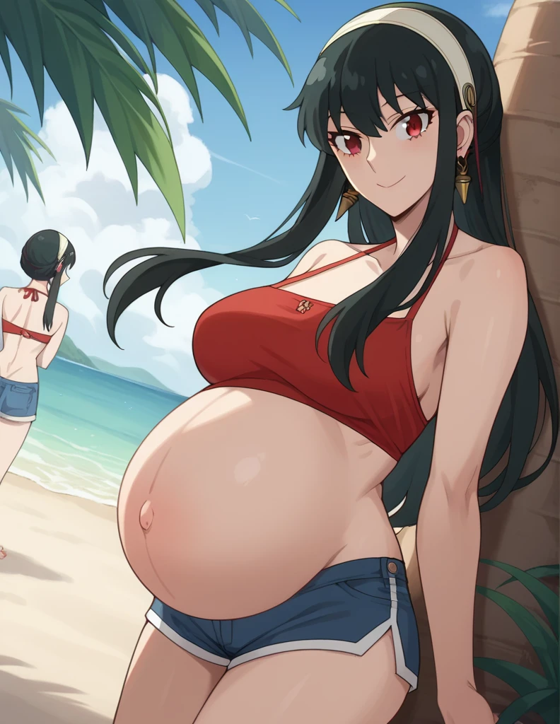 score_9, score_8_up, score_7_up, source_anime,
yorbriar, yor briar, black hair, red eyes, earrings, white hairband, hairband, long hair, sidelocks,
bare shoulders, red bikini, shorts, thighs,
Beach, smile,
looking at viewer, dutch angle, cowboy shot, pregnant, huge belly