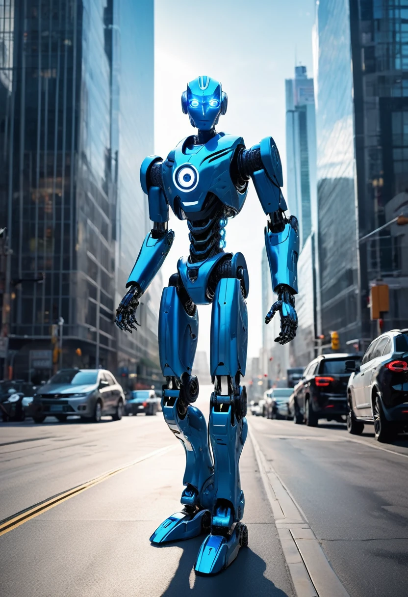 A humanoid robot of sophisticated design patrols the streets of a futuristic city. Its eyes and hands glow blue, symbolizing both its advanced technology and its mission to protect.