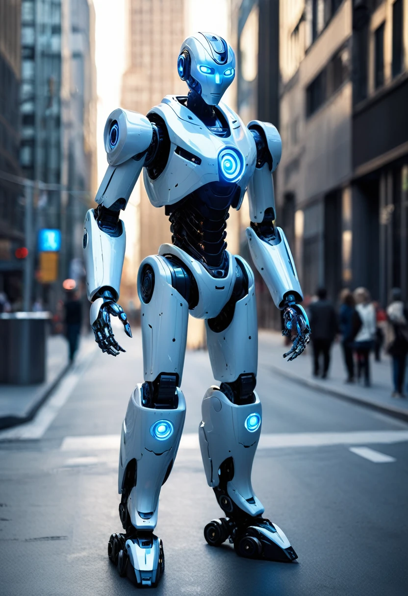 A humanoid robot of sophisticated design patrols the streets of a futuristic city. Its eyes and hands glow blue, symbolizing both its advanced technology and its mission to protect.