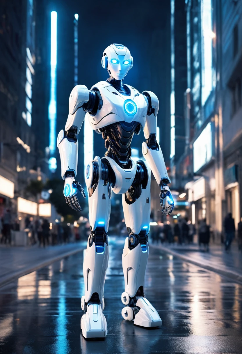 A humanoid robot of sophisticated design patrols the streets of a futuristic city. Its eyes and hands glow blue, symbolizing both its advanced technology and its mission to protect.