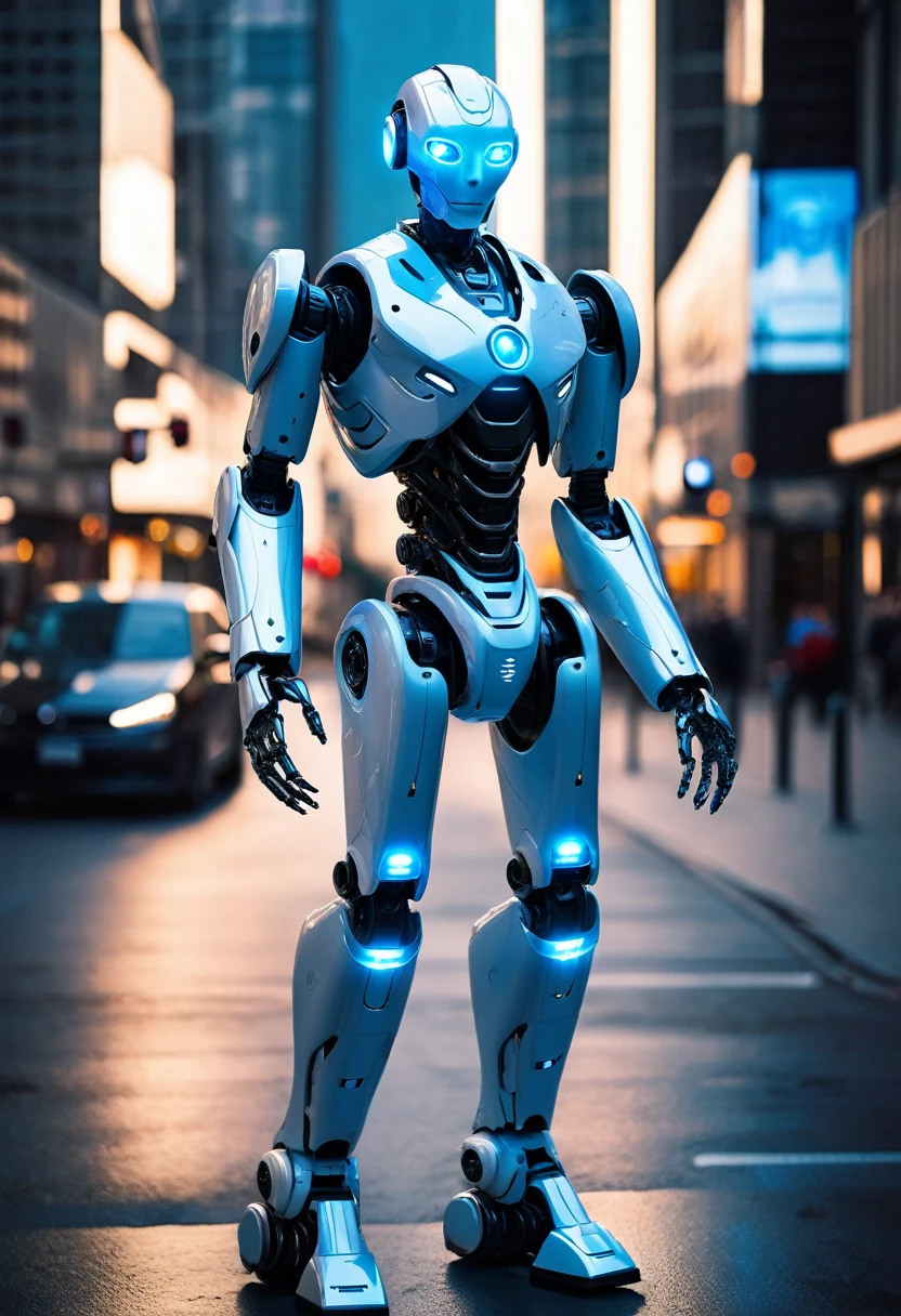 A humanoid robot of sophisticated design patrols the streets of a futuristic city. Its eyes and hands glow blue, symbolizing both its advanced technology and its mission to protect.