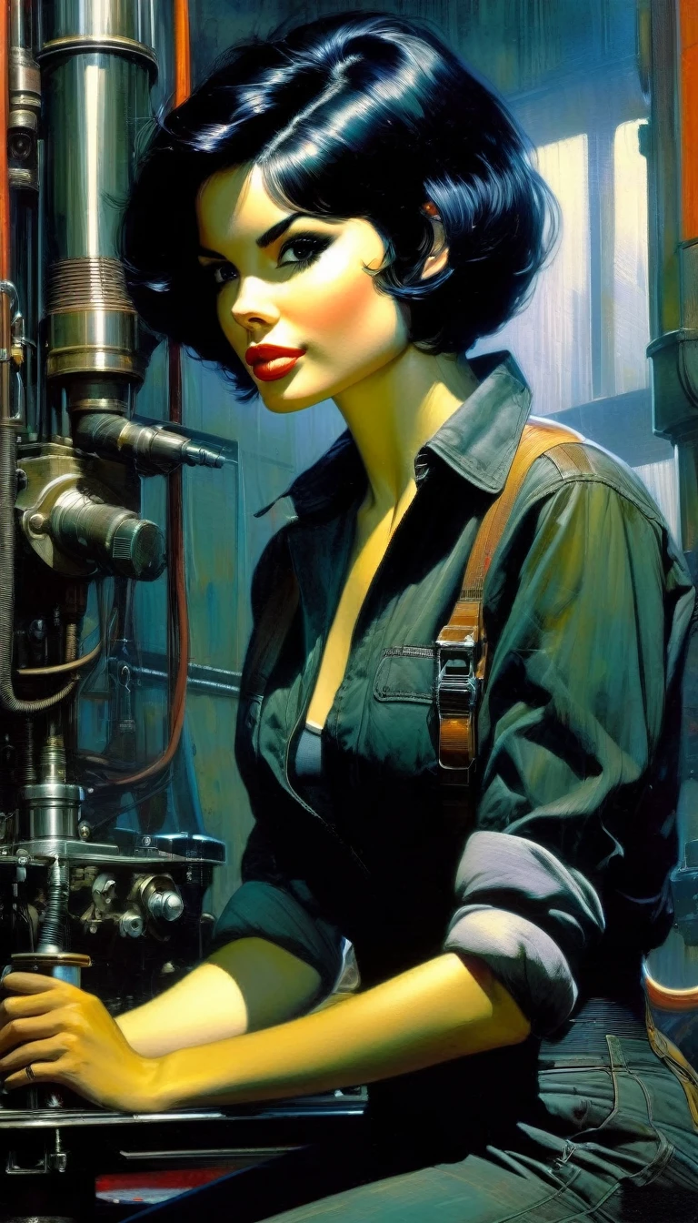 a mechanic with short black hair, beautiful face, good anatomy, oil painting, inspired by Bill Sienkiewicz art style, high quality, cute face, best quality, 4k, 8k, highres, masterpiece, ultra-detailed, realistic, photorealistic, photo-realistic