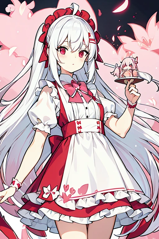 women, long white hair, Red eyes, pink headband with a pink bow, maid costume