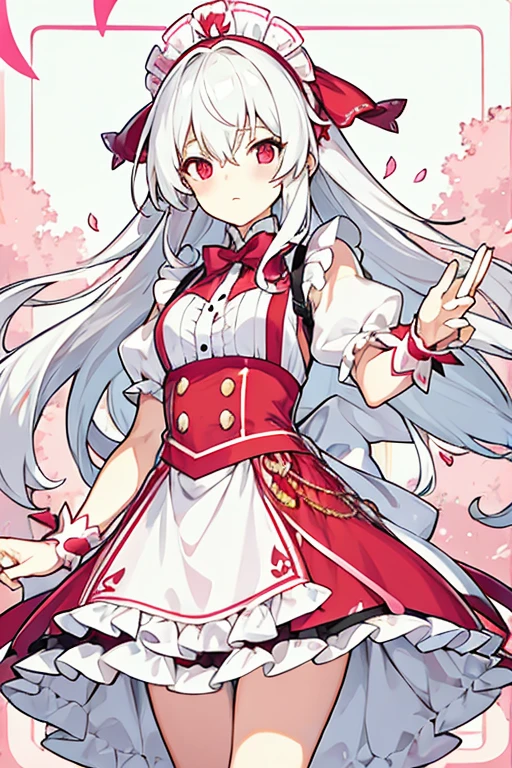 women, long white hair, Red eyes, pink headband with a pink bow, maid costume