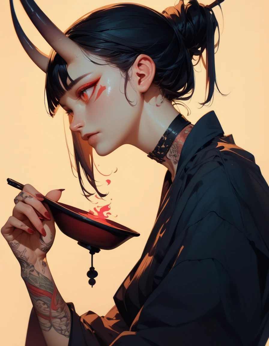 (score_9, score_8_up, score_7_up), zPDXL, 1 girl, alone, profile, pensive look, simple background, dark room, sitting on chair, snake eyes, upper body, tied hair, black hair, simple clothes, horns, white shirt, holding incense in hand, tattoos, incense releasing smoke, black choker, background of a room, red oni horns, face resting on hand, black kimono, blunt bangs, dark aura, tattoos all over body, side view