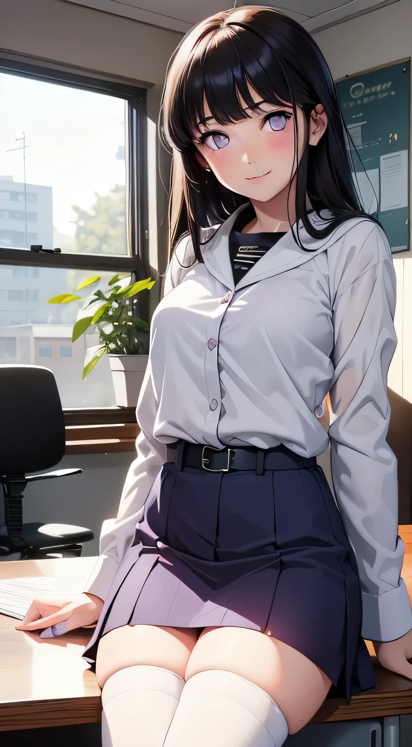Film movie still、1 girl in、it is、、pale skin、blushed, innocent smiles and black pants、((A detailed Face))、(skin detailed)、moist，The details are complex、Shallow depth oF Field、[volume fog]、Lumiere、ReFlectors、a Canon EOS R5、50 mm lens、F / 2.8、filmed in 8k resolution、close up，hinata，brunette hair，white eyeballs，desk，secretary clothes, skirt short，Purple eyeballs, fully body, sitting, cadeira de desk, flegs lindas, flegs, thicc thighs