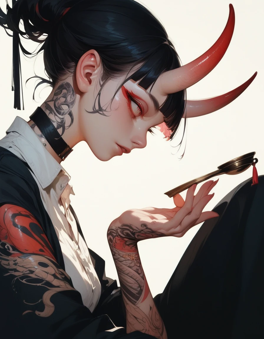 (score_9, score_8_up, score_7_up), zPDXL, 1 girl, alone, profile, pensive look, simple background, dark room, sitting on chair, snake eyes, upper body, tied hair, black hair, simple clothes, horns, white shirt, holding incense in hand, tattoos, incense releasing smoke, black choker, background of a room, red oni horns, face resting on hand, black kimono, blunt bangs, dark aura, tattoos all over body, side view