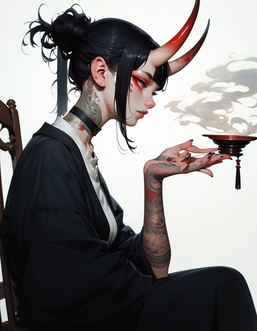 (score_9, score_8_up, score_7_up), zPDXL, 1 girl, alone, profile, pensive look, simple background, dark room, sitting on chair, snake eyes, upper body, tied hair, black hair, simple clothes, horns, white shirt, holding incense in hand, tattoos, incense releasing smoke, black choker, background of a room, red oni horns, face resting on hand, black kimono, blunt bangs, dark aura, tattoos all over body, side view