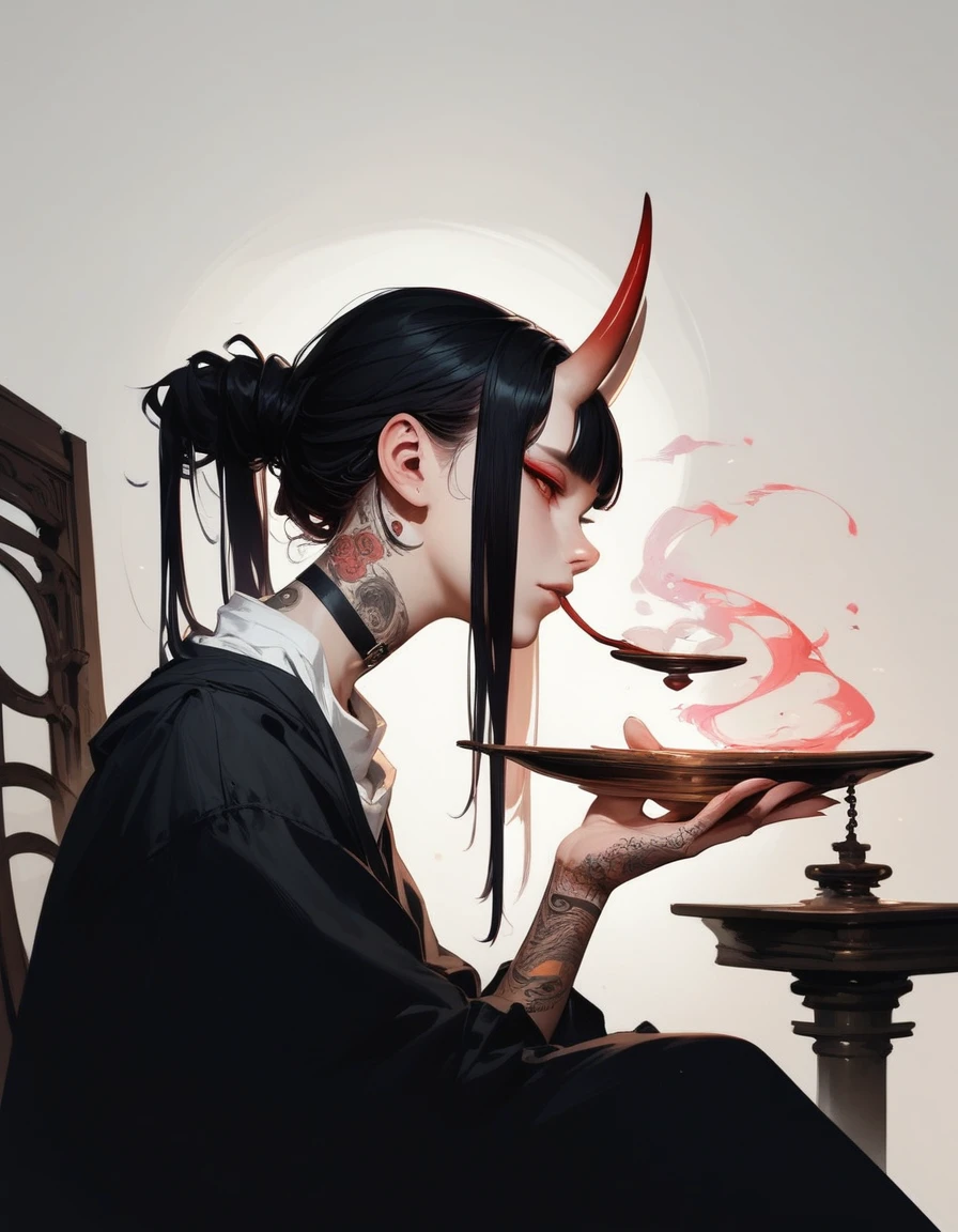 (score_9, score_8_up, score_7_up), zPDXL, 1 girl, alone, profile, pensive look, simple background, dark room, sitting on chair, snake eyes, upper body, tied hair, black hair, simple clothes, horns, white shirt, holding incense in hand, tattoos, incense releasing smoke, black choker, background of a room, red oni horns, face resting on hand, black kimono, blunt bangs, dark aura, tattoos all over body, side view