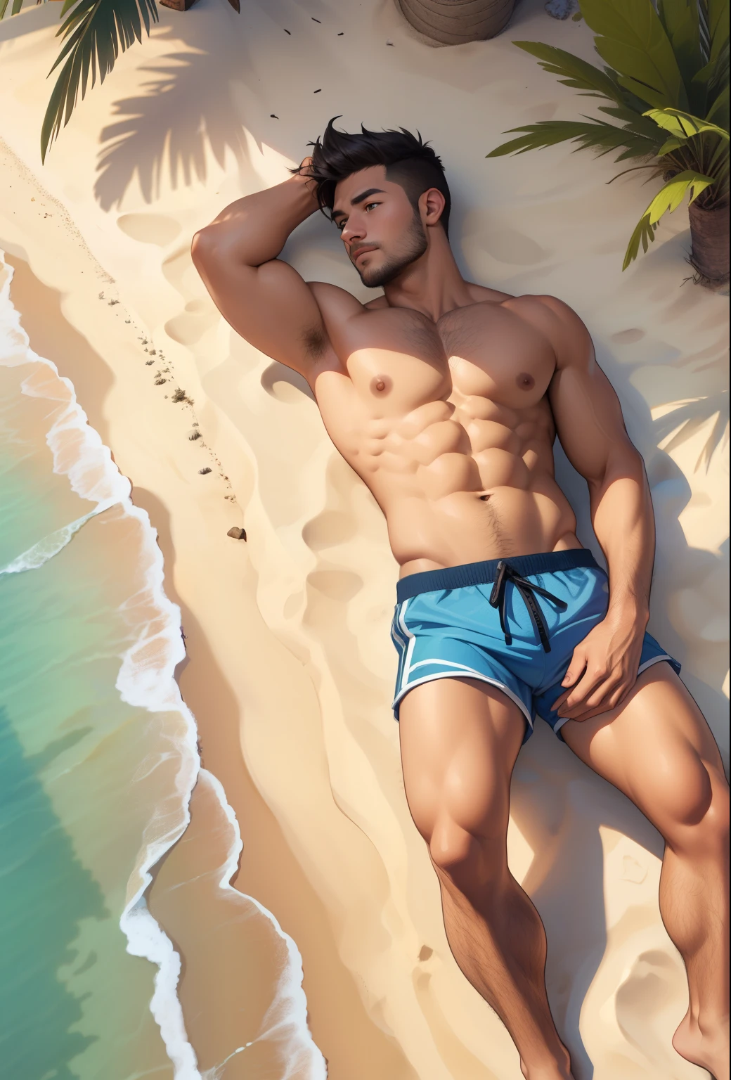 handsome adult shirtless lying on the beach shore, 30 years old, short hair and orange sutubble , (best quality, 4k, 8k, high resolution, masterpiece: 1.2), palm trees on the horizon, view from above, bulky.