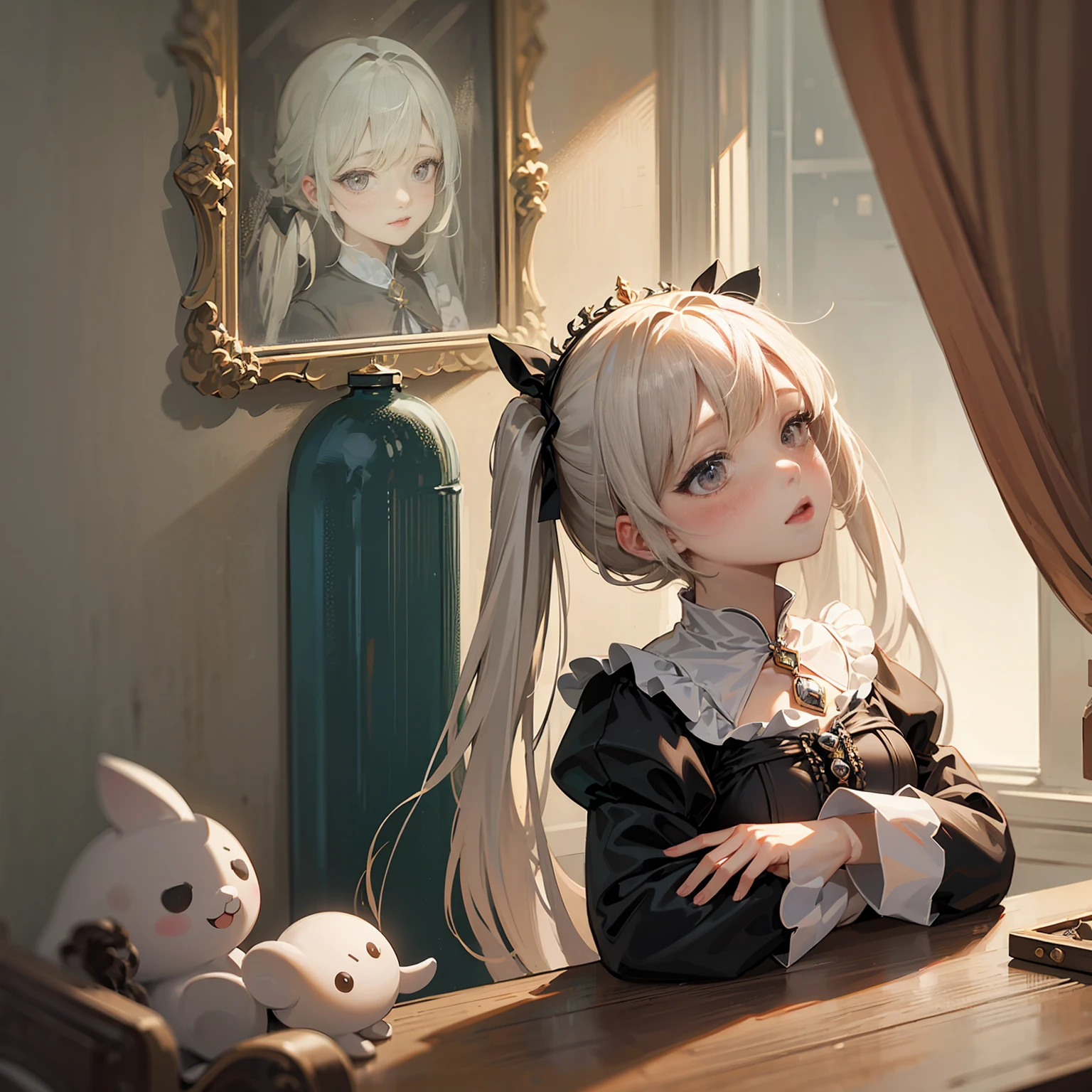 masterpiece, Best Quality, Very delicate and beautiful, Ultra-high resolution, 8k, 2.5D, Princess like a doll, cute,
highly detailed dress, Twin tails, Tiny bangs, Transparent white skin, large, round eyes, Thin lips, round face, look up, Upper Body, Looking at the camera,