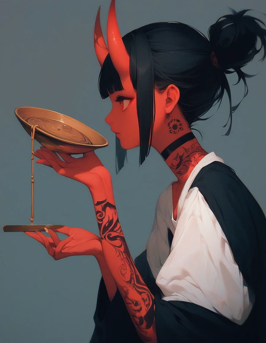 (score_9, score_8_up, score_7_up), zPDXL, 1 girl, alone, profile, pensive look, simple background, dark room, sitting on chair, snake eyes, upper body, tied hair, black hair, simple clothes, horns, white shirt, holding incense in hand, tattoos, incense releasing smoke, black choker, background of a room, red oni horns, face resting on hand, black kimono, blunt bangs, dark aura, tattoos all over body, side view