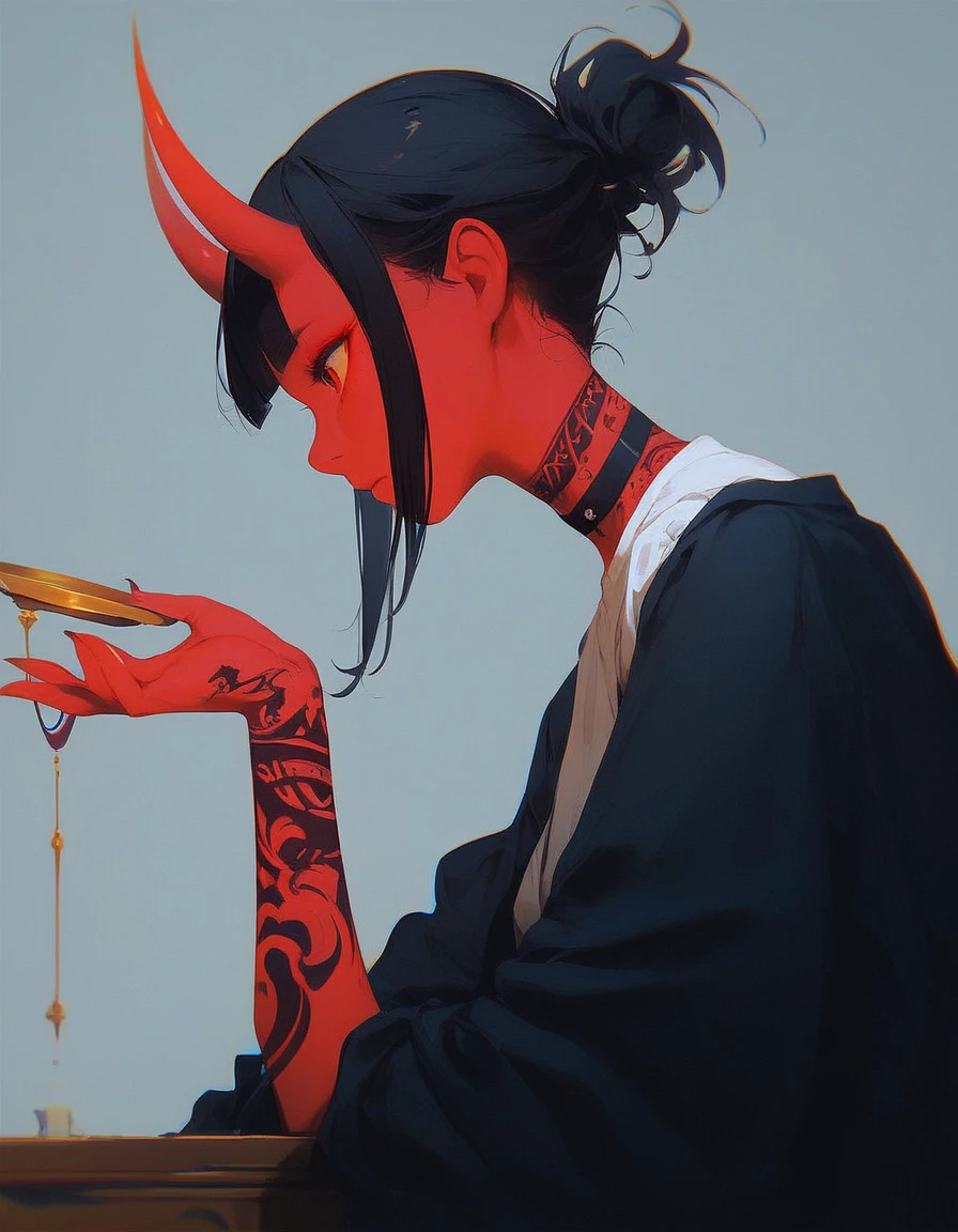 (score_9, score_8_up, score_7_up), zPDXL, 1 girl, alone, profile, pensive look, simple background, dark room, sitting on chair, snake eyes, upper body, tied hair, black hair, simple clothes, horns, white shirt, holding incense in hand, tattoos, incense releasing smoke, black choker, background of a room, red oni horns, face resting on hand, black kimono, blunt bangs, dark aura, tattoos all over body, side view