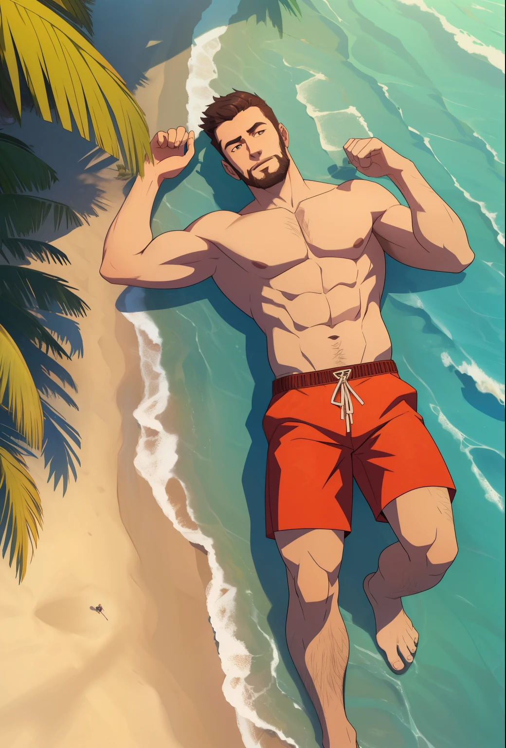 handsome adult shirtless lying on the beach shore, 30 years old, short hair and orange sutubble , (best quality, 4k, 8k, high resolution, masterpiece: 1.2), palm trees on the horizon, view from above, bulky.