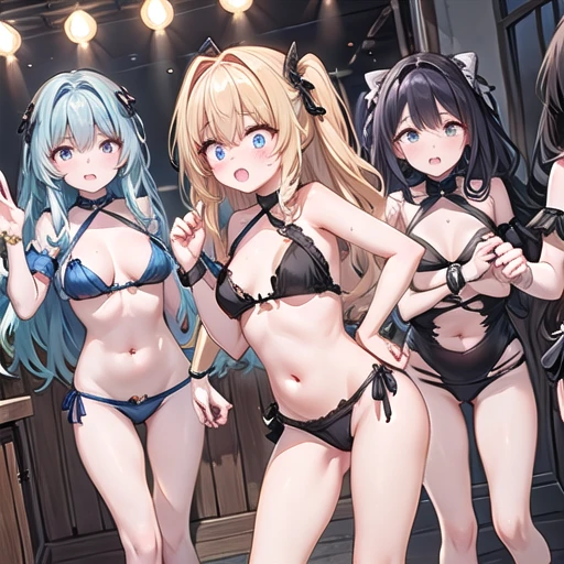 Four beautiful 13-year-old idols lined up、Highest quality、Torn idol costume、Frightened look、pubic hair、Park during the day、dancing