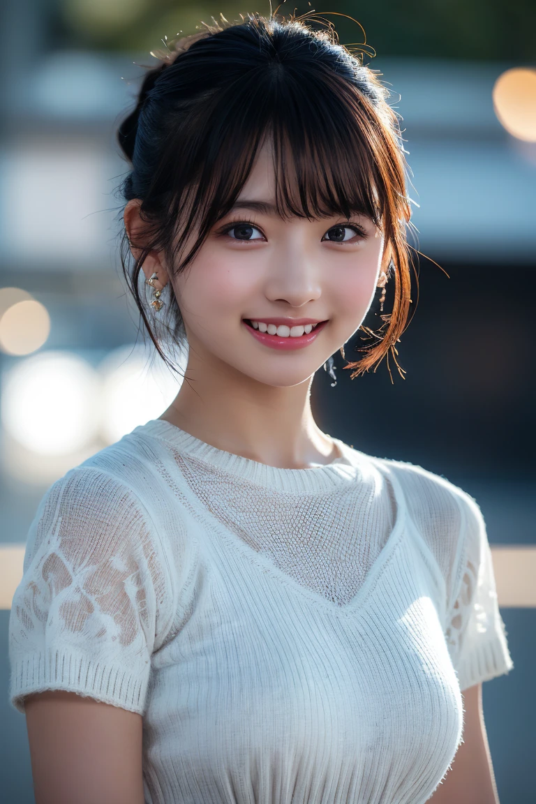 (8k, RAW Photos,Highest quality, High resolution:1.1), (Ultra-realistic:1.4),(Realistic:1.4), Realistic Face,Realistic Body,Realistic Skin,masterpiece,(cute:1.8), cute子たち, Fine black eyes,Innocent eyes,Cinema Lighting,Film Grain,jewelry,Earrings,((Medium Hair:1.1)),Cherry colored lips,Hair Ribbon,ponytail,Viewer,Long Hair,,Open your lips,Upper teeth, (Smiling Eyes:0.6),((Grin:1.3)),Blurred Background, Eye focus , Bokeh,young, 85mm lens,young,Portraiture,Photon Mapping,Radio City,Physically Based Rendering,Asian,(Knit dress:1.3))