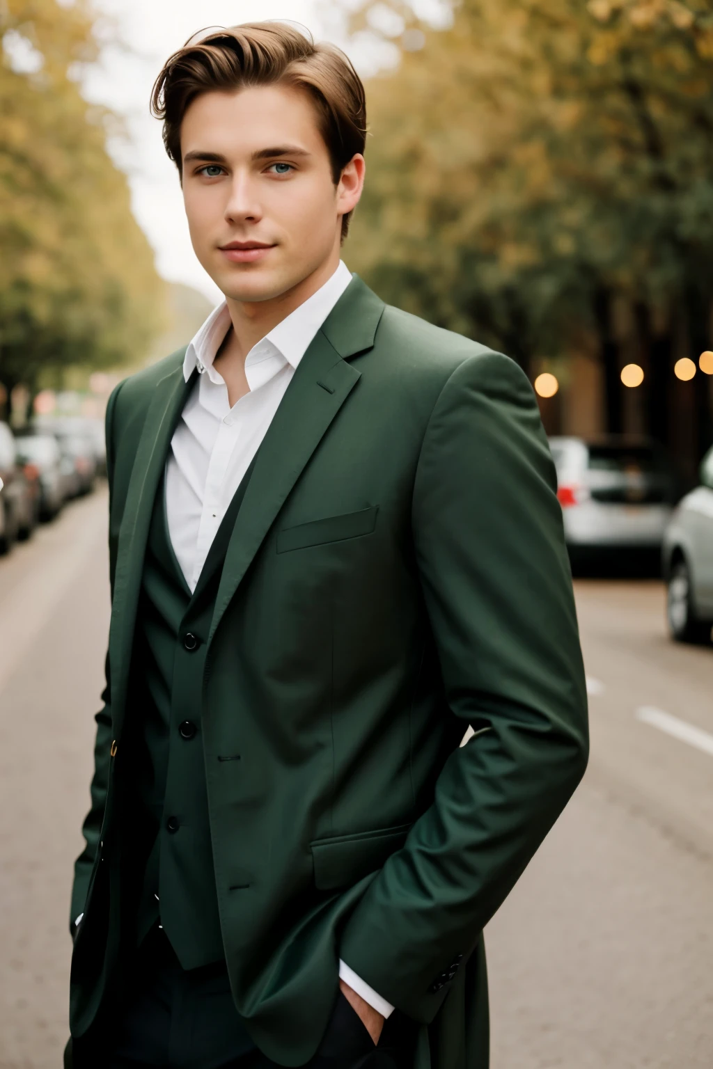 Chivalrous man with brown hair with tall green eyes