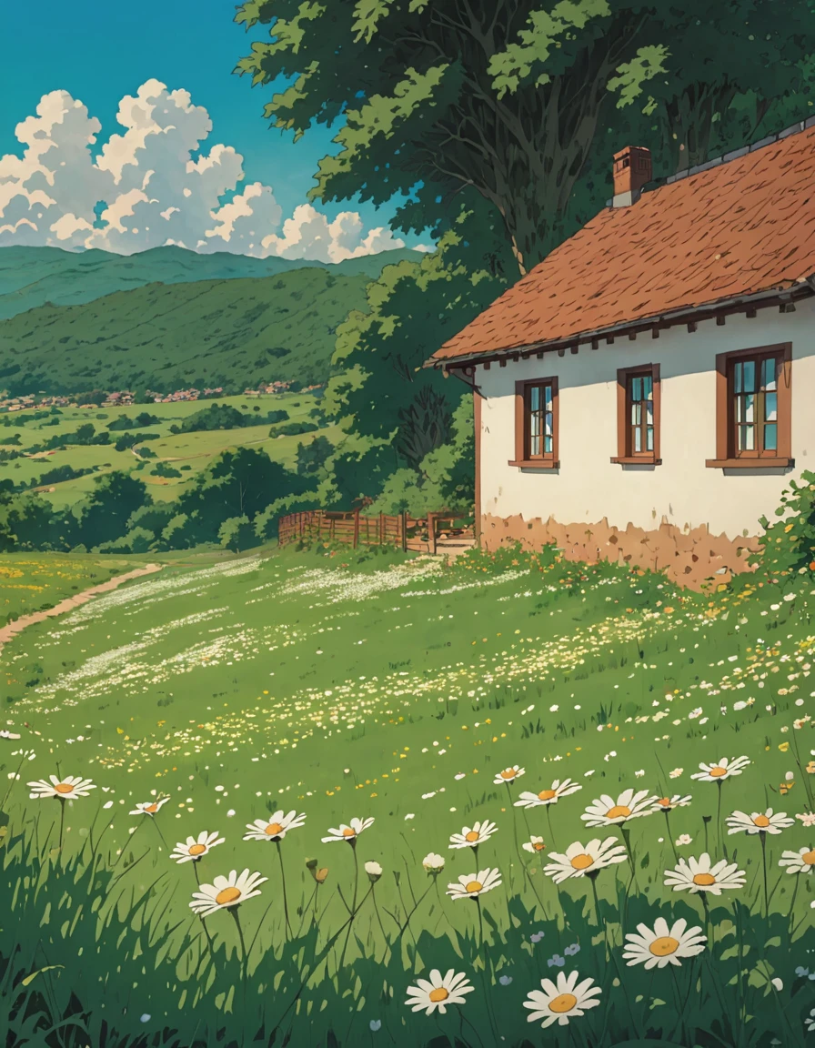 «a field of daisies at noon, green grass, meadow, anime studio camino  hacia   casa   de   campo   serco  ghibli