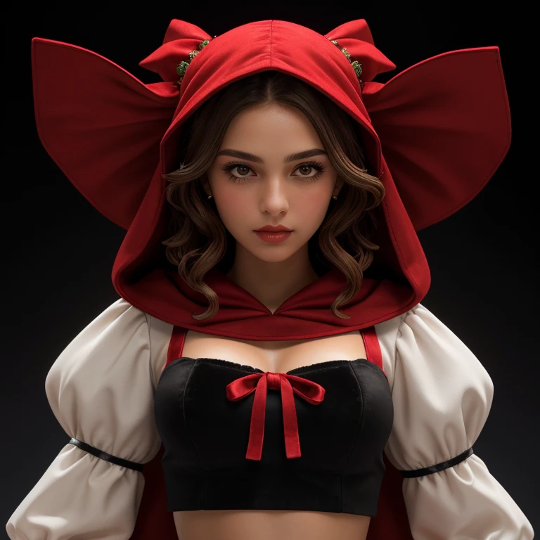 ((extreme detail)),(ultra-detailed), extremely detailed CG unity 8k wallpaper, velvet, figurine, red hood, crop top, star headdress, puffy sleeves, lips, looking away, close-up, head turn, black background