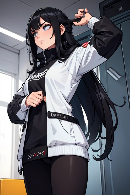 Age 22, White skin girl, , Bblack hair, extremely long hair, , sweatshirt clothes, futuristic armor, feminine, short preto, black tights, women&#39;s black tennis shoes, Bblack hair, hair between the eyes, Bblack hair, cloused mouth, range, cabelo bagunçado Bblack hair cabelo extremamente longos olhos cinzas