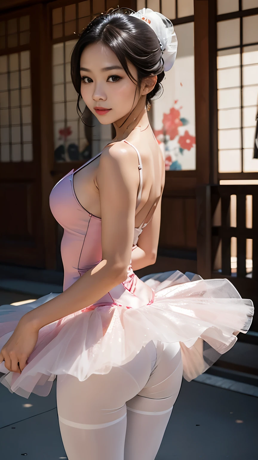 MALAY GIRL, masterpiece, High quality, UHD 32K, Realistic face, Realistic skin feeling , A Japanese Lady, Very cute face, CUTE GIRL, ballerina, tutu, white pantyhose, looking back at viewer