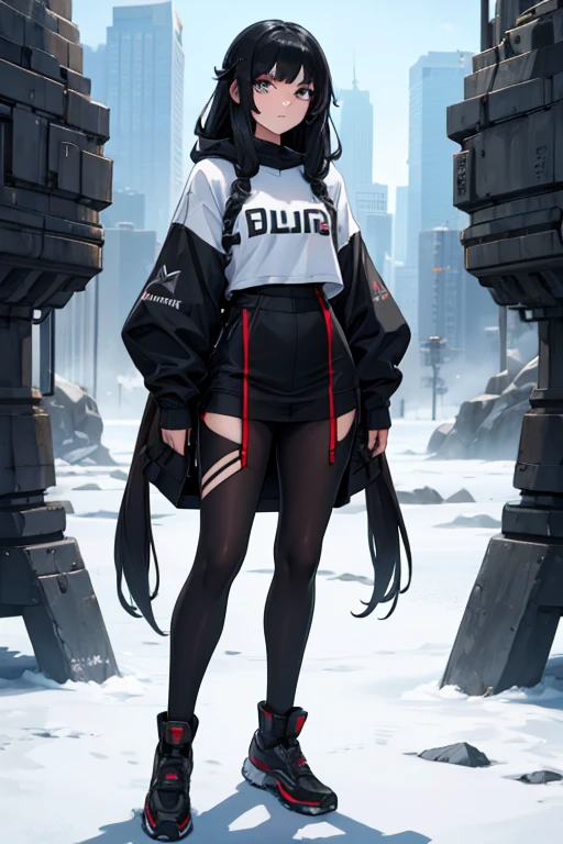 Age 22, White skin girl, , Bblack hair, extremely long hair, , sweatshirt clothes, futuristic armor, feminine, short preto, black tights, women's black tennis shoes, Bblack hair, hair between the eyes, Bblack hair, cloused mouth, range, cabelo bagunçado Bblack hair cabelo extremamente longos olhos cinzas