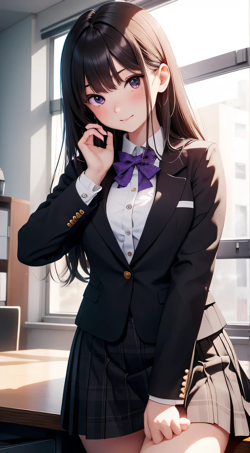 Film movie still、1 girl in、it is、14歳、pale skin、blushed, innocent smiles and black pants、slim, ((A detailed Face))、(skin detailed)、moist，The details are complex、Shallow depth oF Field、[volume fog]、Lumiere、ReFlectors、a Canon EOS R5、50 mm lens、F / 2.8、filmed in 8k resolution、close up，hinata，brunette hair，white eyeballs，desk，secretary clothes, skirt short，Purple eyeballs, fully body, sentada em uma cadeira de desk, flegs lindas, flegs, thicc thighs, sensuous, flerting, sexly