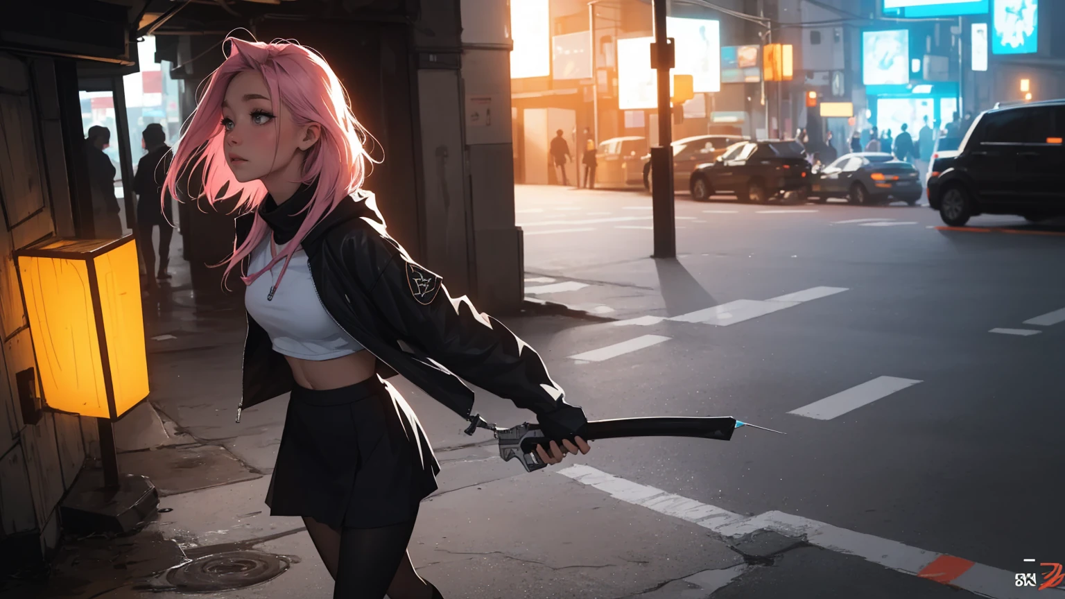 ahri, league of legend, sexy for, wallpapers, eyes detailed, fox_ear, (fox_tails), a skirt, (pink long hair), medium_breasts, looking_at_the_viewer, short_hair, mitts, navel, fail, Blue_there_are_eyes, eternal, Full_body, weapon, shoes, collar, black_Mittens, partition, Hood, hair_exceed_Yuon_There_Where_There is_eyes, circumcised_group, sweatshirt, black_pants, Sports_sweatpants, circumcised_Jacket, Cyberpunk character, cropped_himself、a high resolution、depth of field、natural soft light、professional lighting、about, standing, very длинные hair, cowboy shot, brilliant, brilliant hair, (night:1.2),Dreamy, [[gentle fingers and hands:0.55]::0.85],(detailed fingers),),(emotional),(breathtaking),(main part:1.2) все body.), (Anime Style), (Super Detailed), (brutal), (uhd, HDR), (8k), (High Resolution: 1.2), (Complex and Beautiful: 1.2), [[gentle fingers and hands:0.55]::0.85],(detailed fingers),),(emotional),(breathtaking),(main part:1.2) все body.), (Anime Style), (Super Detailed), (brutal), (uhd, HDR), (8k), (High Resolution: 1.2), (Complex and Beautiful: 1.2)
