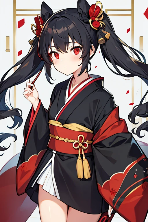 women, hair in two small black pigtails, red bow in hair, Red eyes, white and red kimono